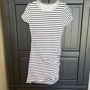 Bias cut, roushed  side, striped, crew neck dress. Size small